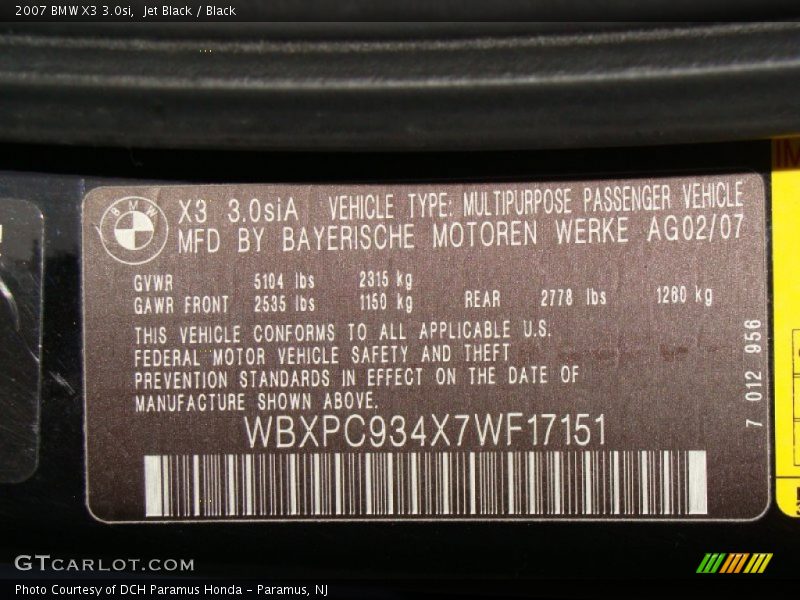 Jet Black / Black 2007 BMW X3 3.0si