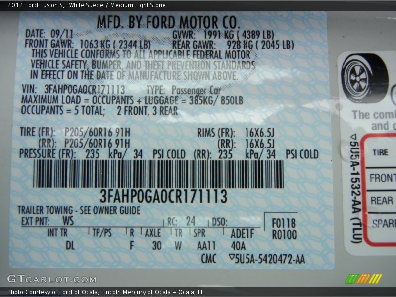 White Suede / Medium Light Stone 2012 Ford Fusion S