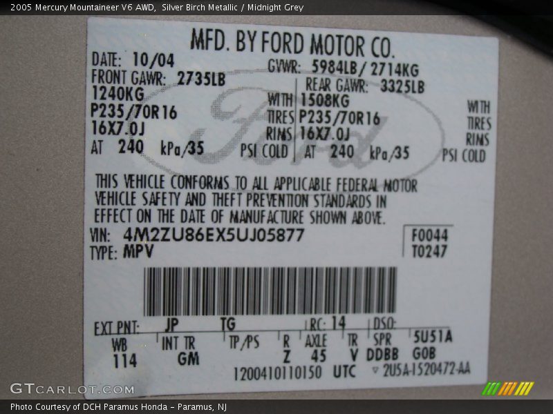 Silver Birch Metallic / Midnight Grey 2005 Mercury Mountaineer V6 AWD