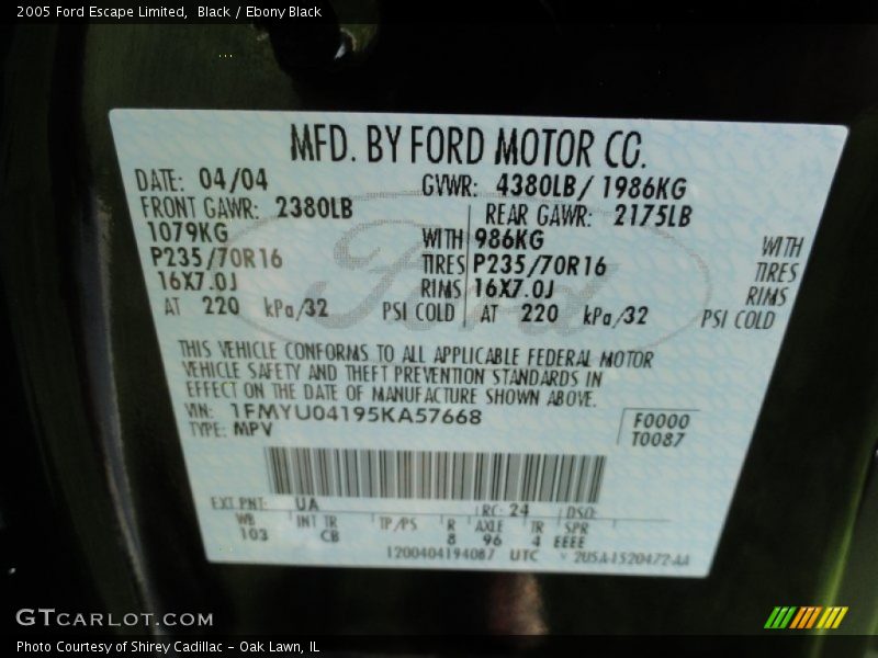 2005 Escape Limited Black Color Code UA