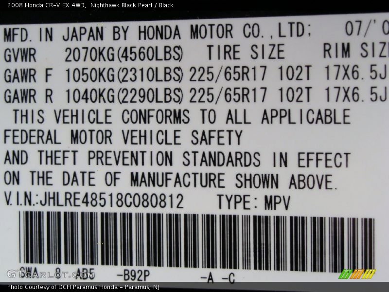 Nighthawk Black Pearl / Black 2008 Honda CR-V EX 4WD