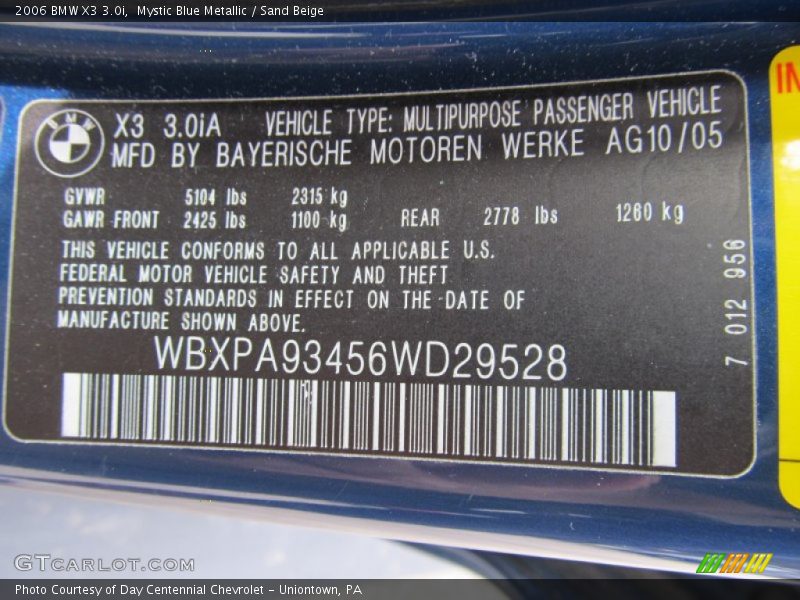 Mystic Blue Metallic / Sand Beige 2006 BMW X3 3.0i