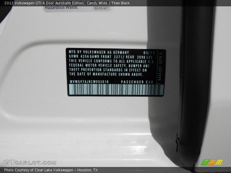 Candy White / Titan Black 2012 Volkswagen GTI 4 Door Autobahn Edition