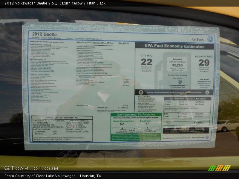  2012 Beetle 2.5L Window Sticker