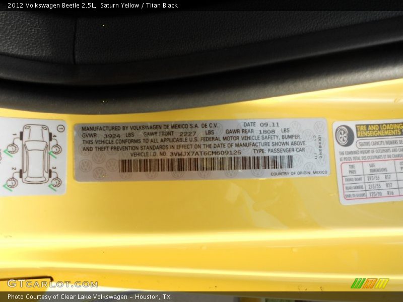 Info Tag of 2012 Beetle 2.5L