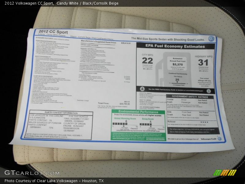 Candy White / Black/Cornsilk Beige 2012 Volkswagen CC Sport