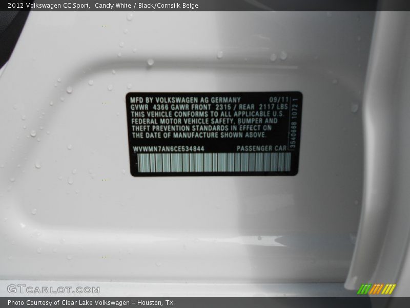 Candy White / Black/Cornsilk Beige 2012 Volkswagen CC Sport