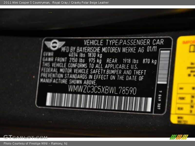 Royal Gray / Gravity Polar Beige Leather 2011 Mini Cooper S Countryman