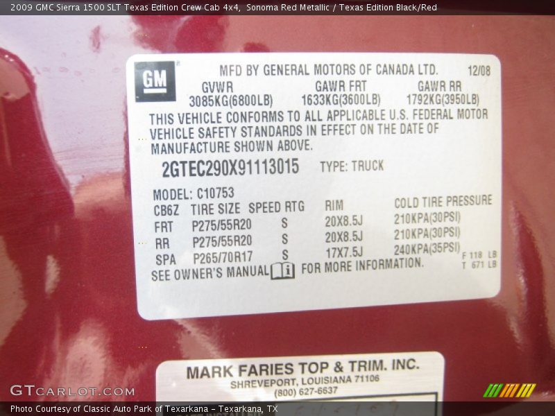 Info Tag of 2009 Sierra 1500 SLT Texas Edition Crew Cab 4x4