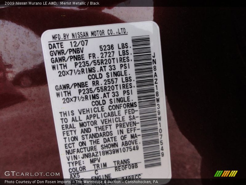 Merlot Metallic / Black 2009 Nissan Murano LE AWD