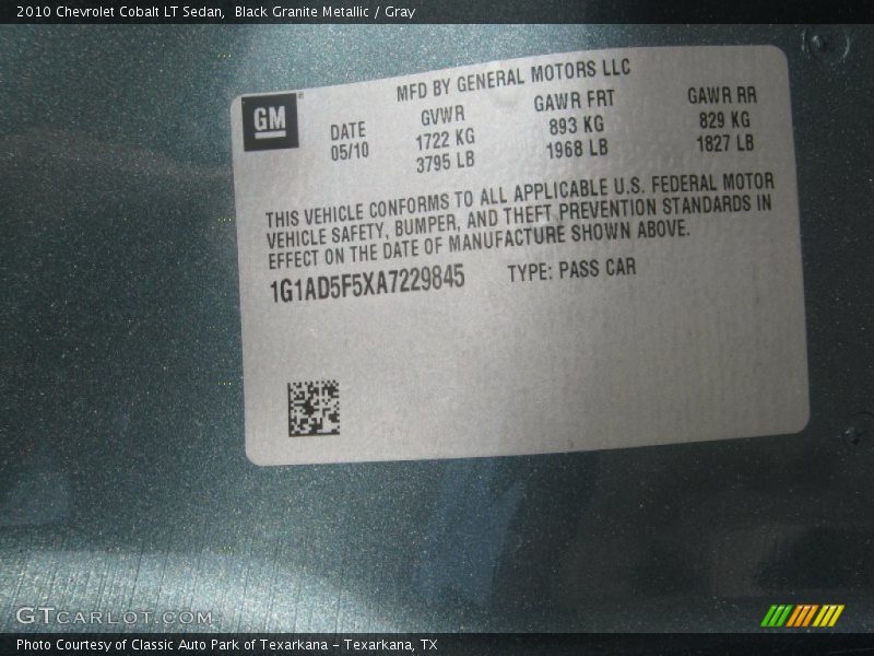 Black Granite Metallic / Gray 2010 Chevrolet Cobalt LT Sedan