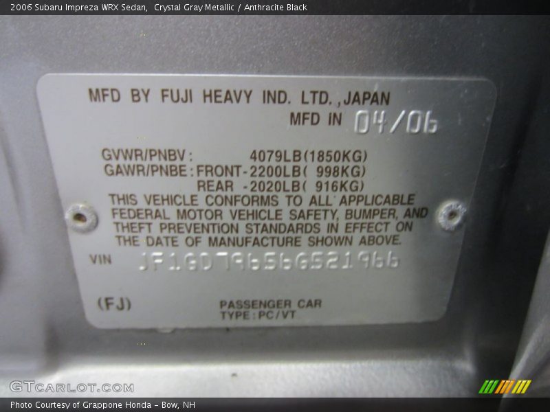 Info Tag of 2006 Impreza WRX Sedan
