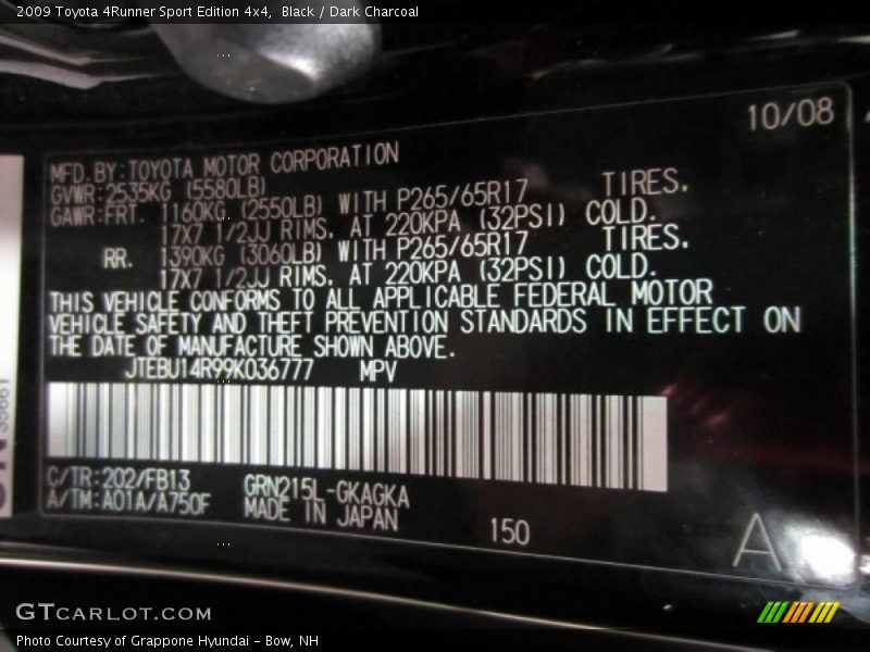 2009 4Runner Sport Edition 4x4 Black Color Code 202