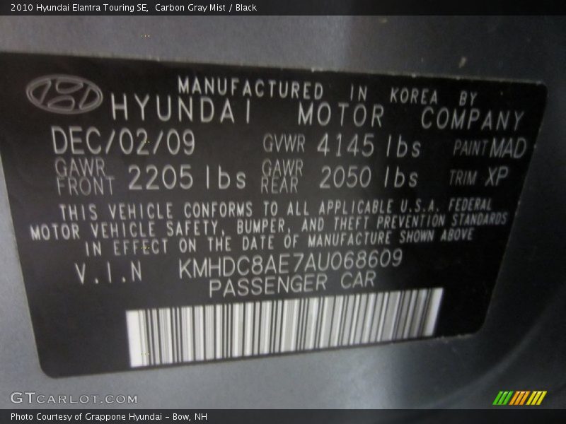 Carbon Gray Mist / Black 2010 Hyundai Elantra Touring SE