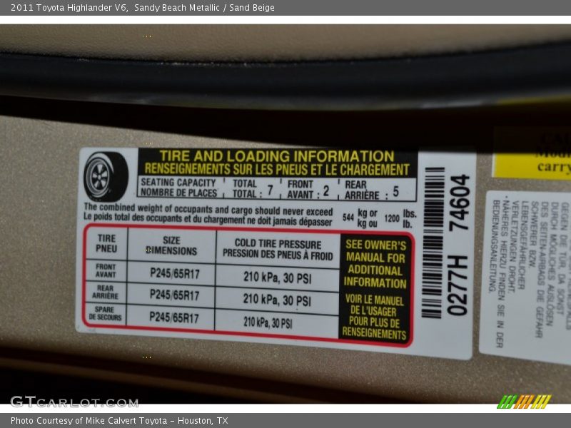 Sandy Beach Metallic / Sand Beige 2011 Toyota Highlander V6