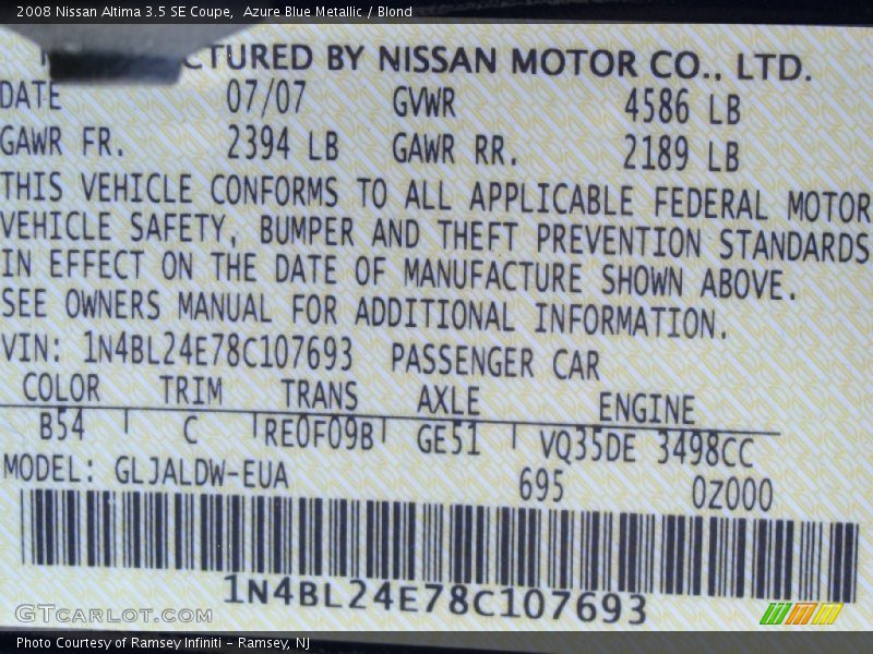 Azure Blue Metallic / Blond 2008 Nissan Altima 3.5 SE Coupe