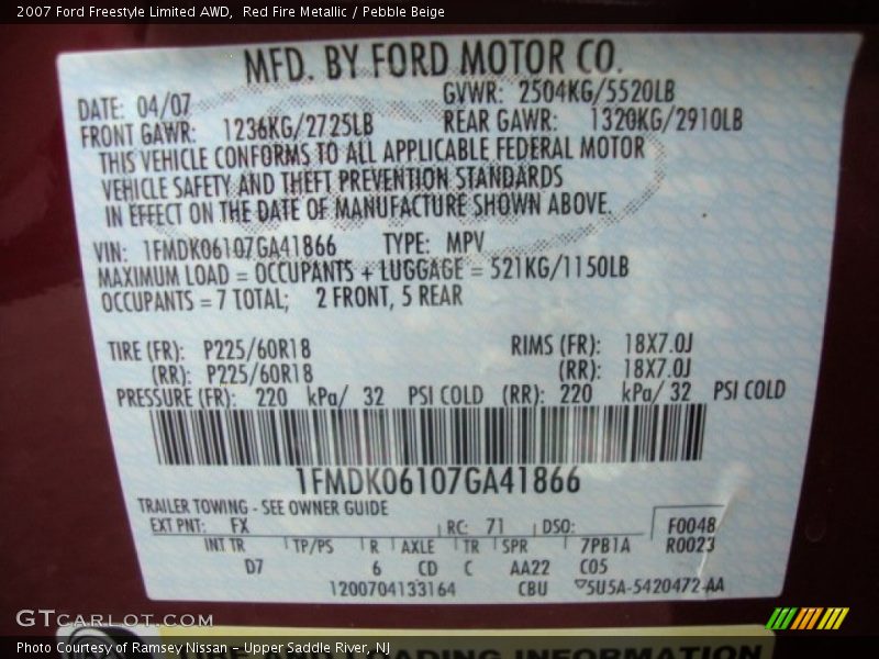2007 Freestyle Limited AWD Red Fire Metallic Color Code FX