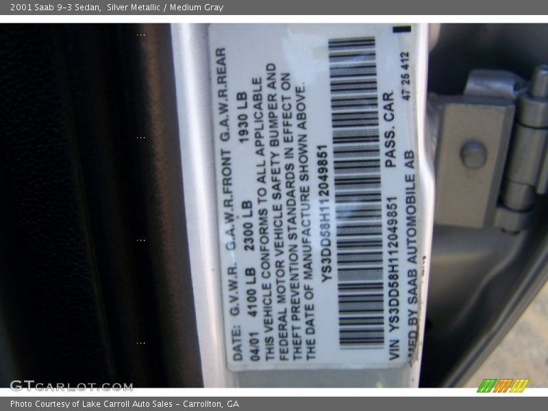 Silver Metallic / Medium Gray 2001 Saab 9-3 Sedan