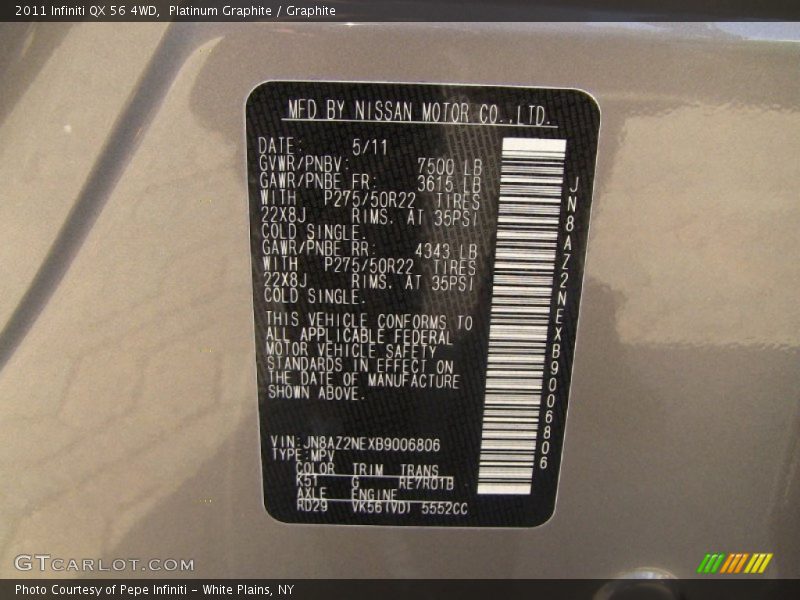 2011 QX 56 4WD Platinum Graphite Color Code K51