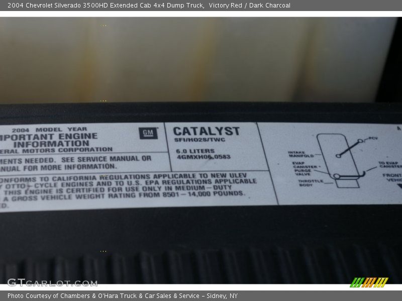 Info Tag of 2004 Silverado 3500HD Extended Cab 4x4 Dump Truck