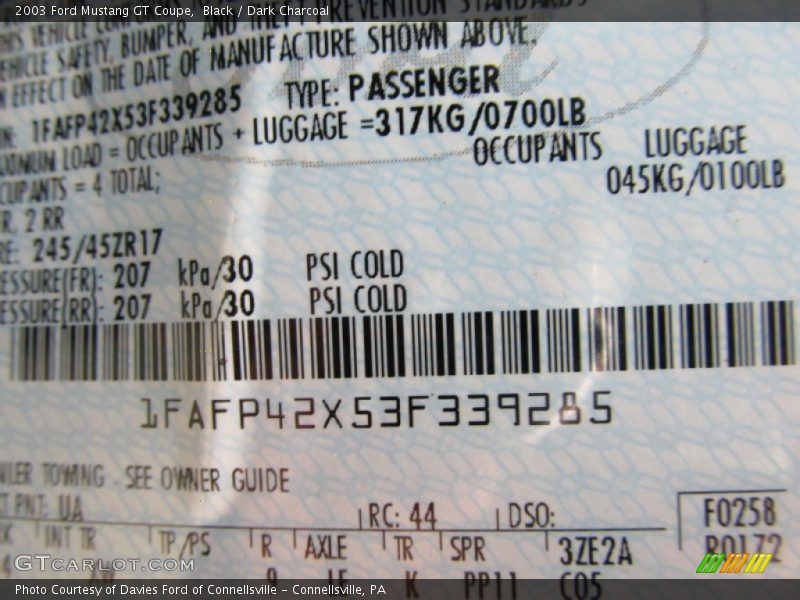 Black / Dark Charcoal 2003 Ford Mustang GT Coupe