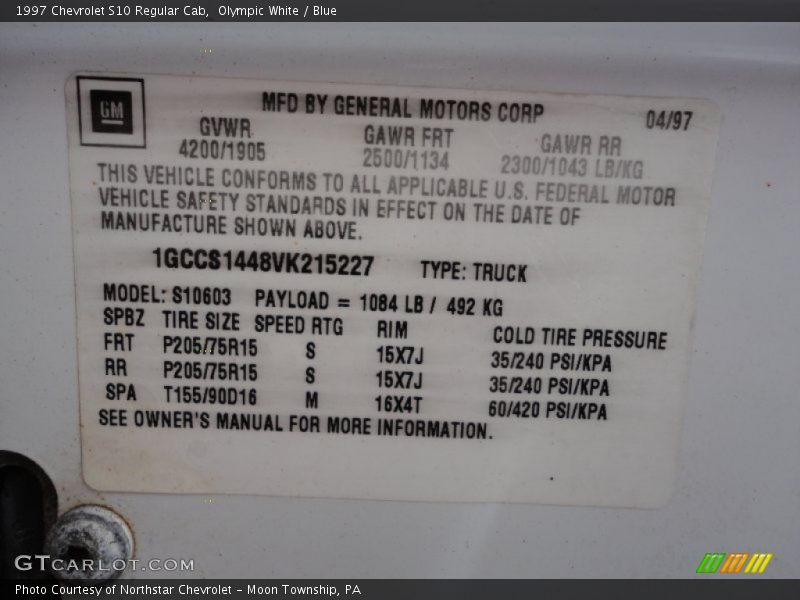 Info Tag of 1997 S10 Regular Cab