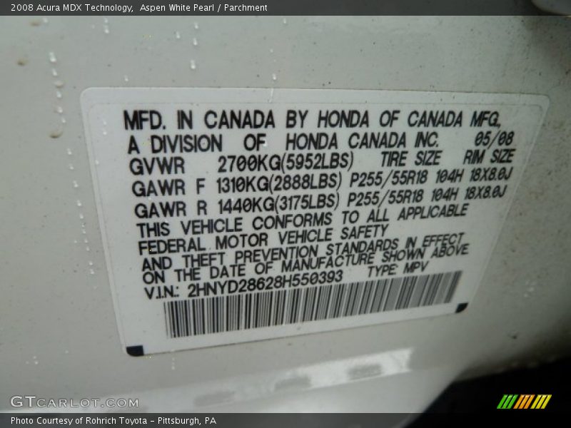 Aspen White Pearl / Parchment 2008 Acura MDX Technology