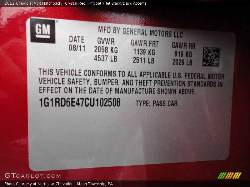 Crystal Red Tintcoat / Jet Black/Dark Accents 2012 Chevrolet Volt Hatchback