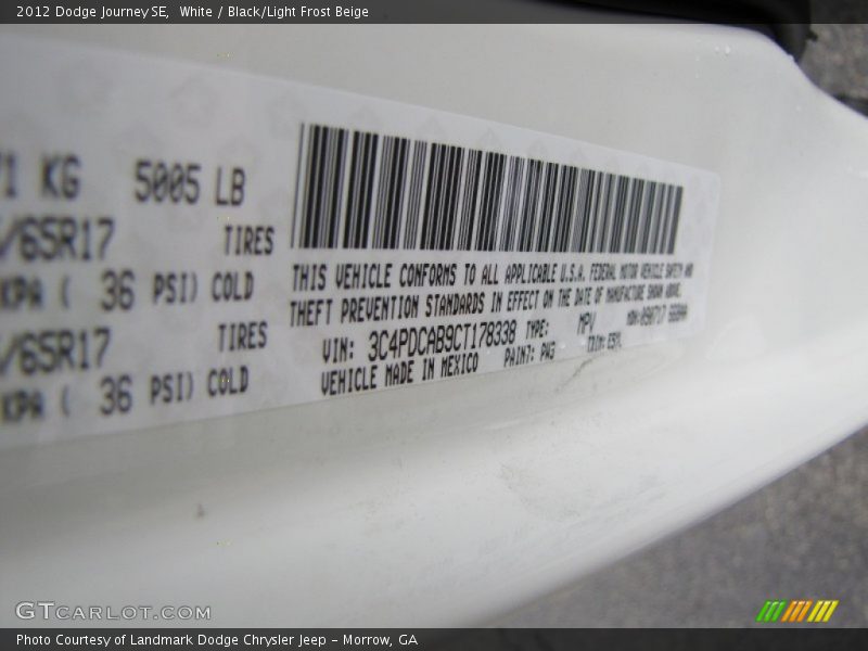 White / Black/Light Frost Beige 2012 Dodge Journey SE
