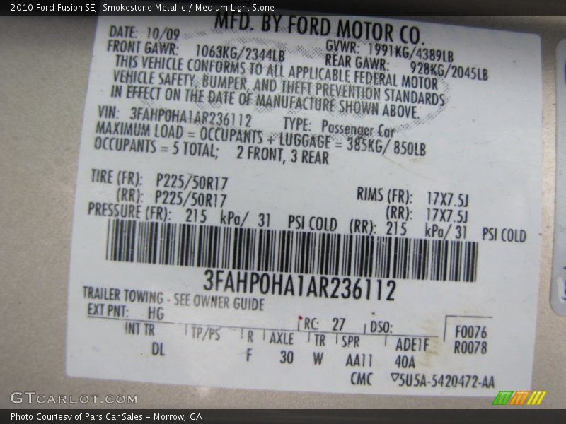 Smokestone Metallic / Medium Light Stone 2010 Ford Fusion SE