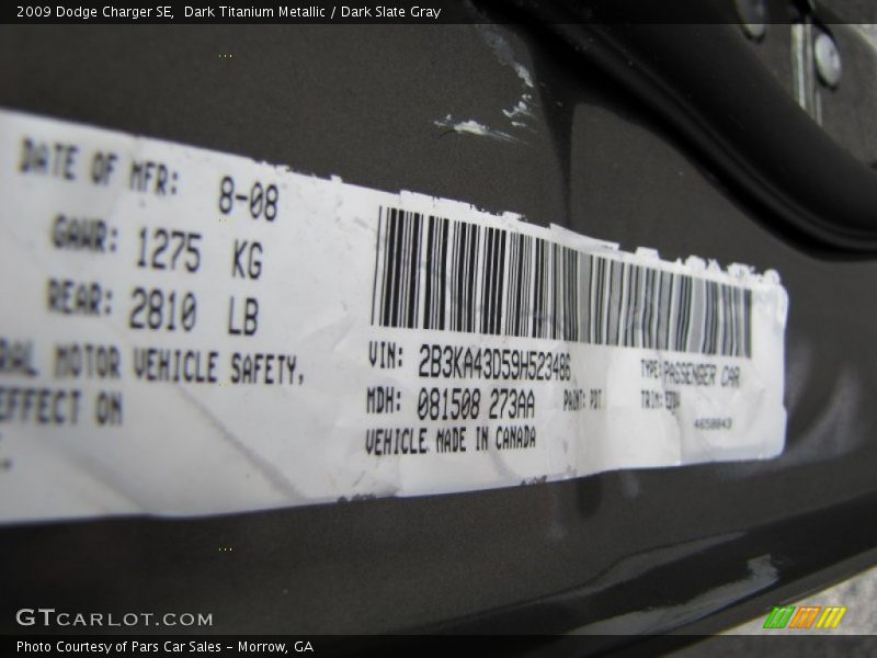 Dark Titanium Metallic / Dark Slate Gray 2009 Dodge Charger SE