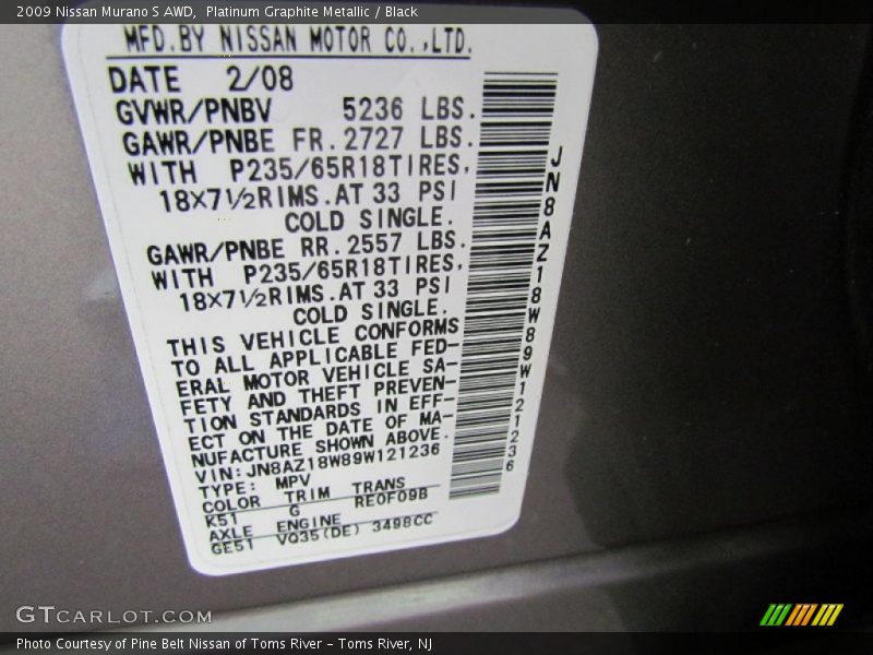 Platinum Graphite Metallic / Black 2009 Nissan Murano S AWD