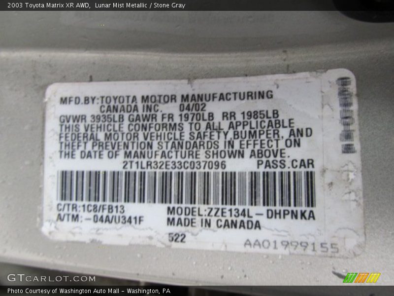 Lunar Mist Metallic / Stone Gray 2003 Toyota Matrix XR AWD