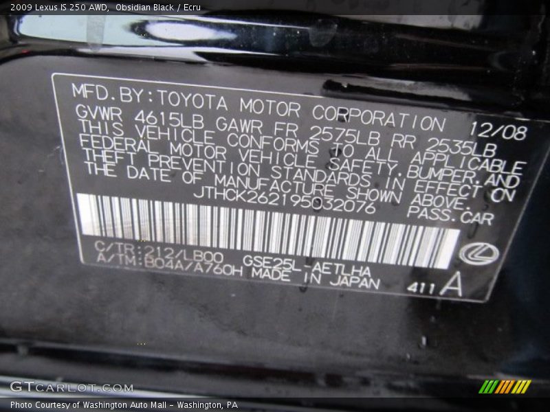 Obsidian Black / Ecru 2009 Lexus IS 250 AWD