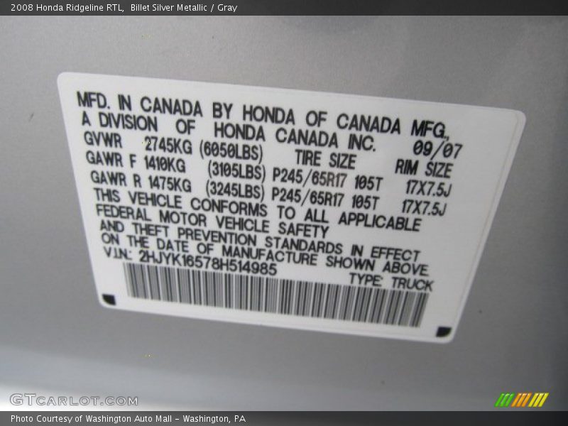 Billet Silver Metallic / Gray 2008 Honda Ridgeline RTL