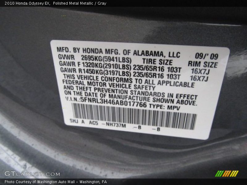 Polished Metal Metallic / Gray 2010 Honda Odyssey EX