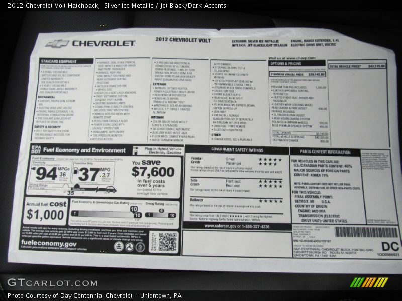  2012 Volt Hatchback Window Sticker