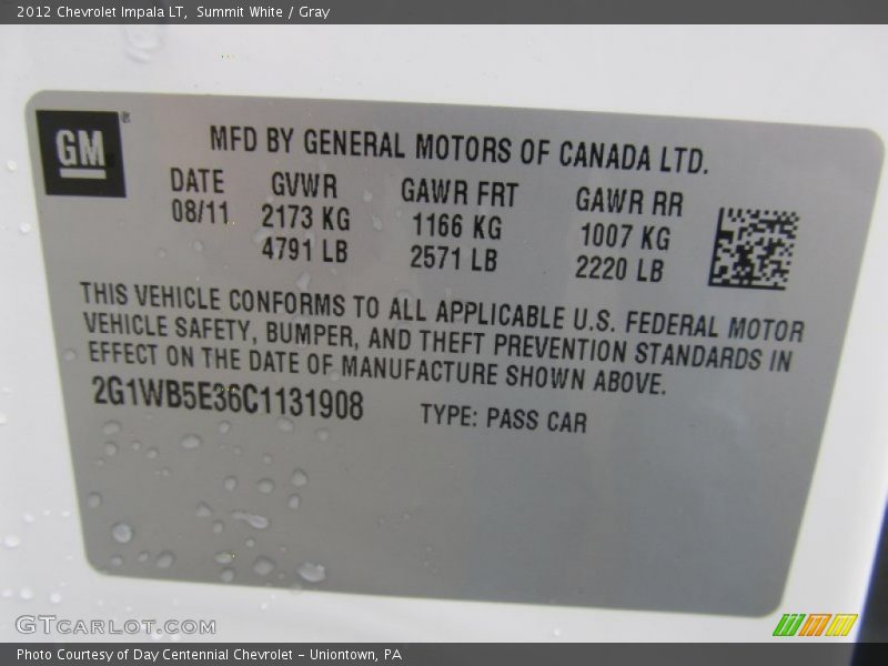 Summit White / Gray 2012 Chevrolet Impala LT
