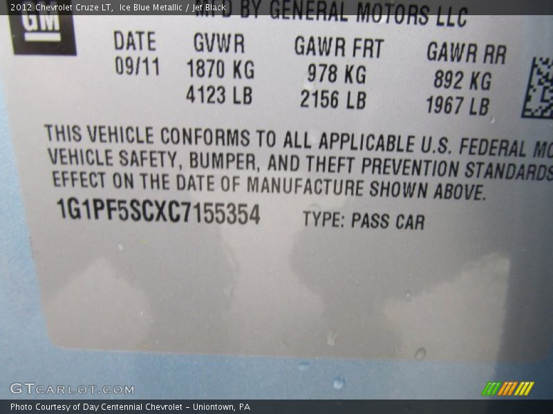 Ice Blue Metallic / Jet Black 2012 Chevrolet Cruze LT