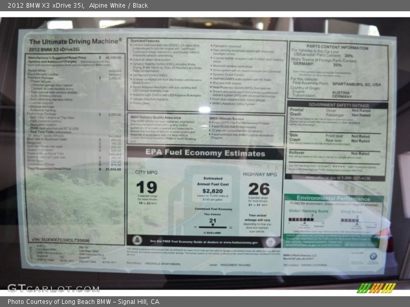  2012 X3 xDrive 35i Window Sticker