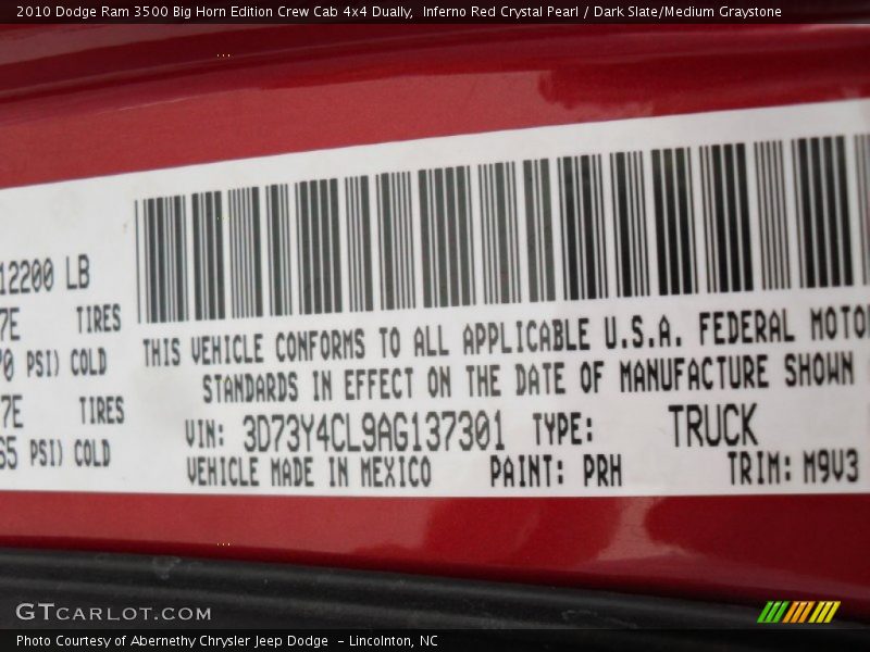 Inferno Red Crystal Pearl / Dark Slate/Medium Graystone 2010 Dodge Ram 3500 Big Horn Edition Crew Cab 4x4 Dually