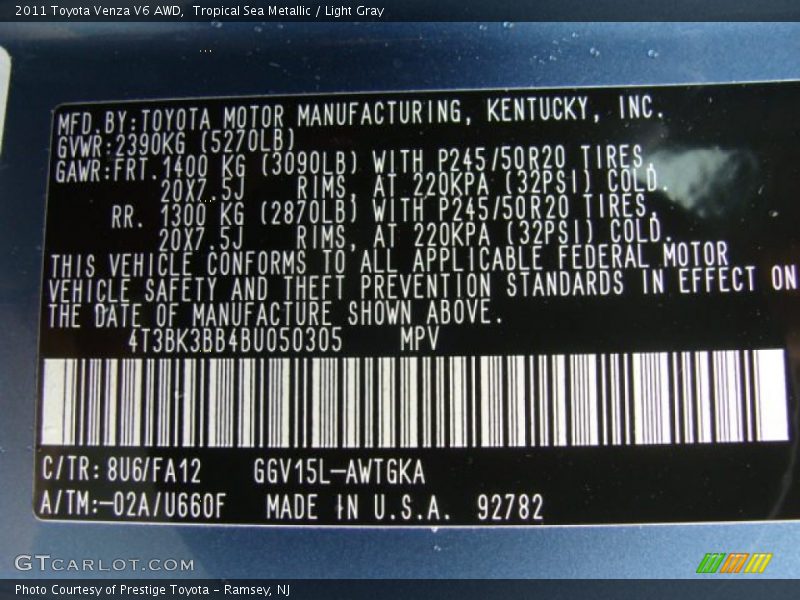 Tropical Sea Metallic / Light Gray 2011 Toyota Venza V6 AWD