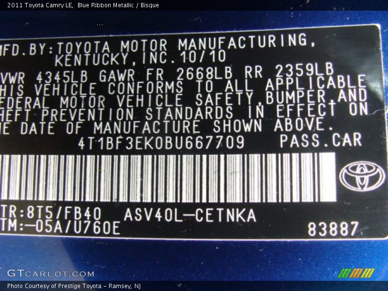 Blue Ribbon Metallic / Bisque 2011 Toyota Camry LE