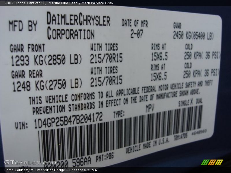 Marine Blue Pearl / Medium Slate Gray 2007 Dodge Caravan SE