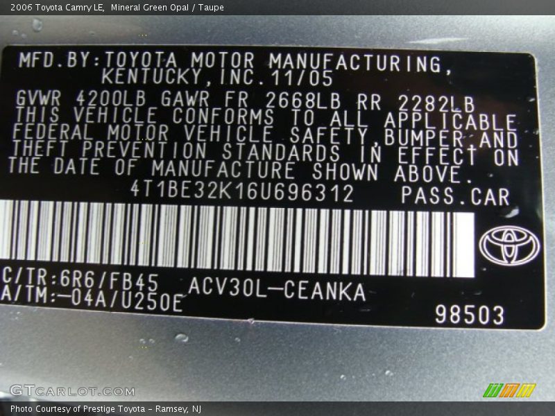 Mineral Green Opal / Taupe 2006 Toyota Camry LE