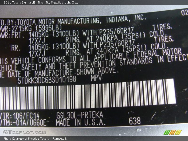 Silver Sky Metallic / Light Gray 2011 Toyota Sienna LE