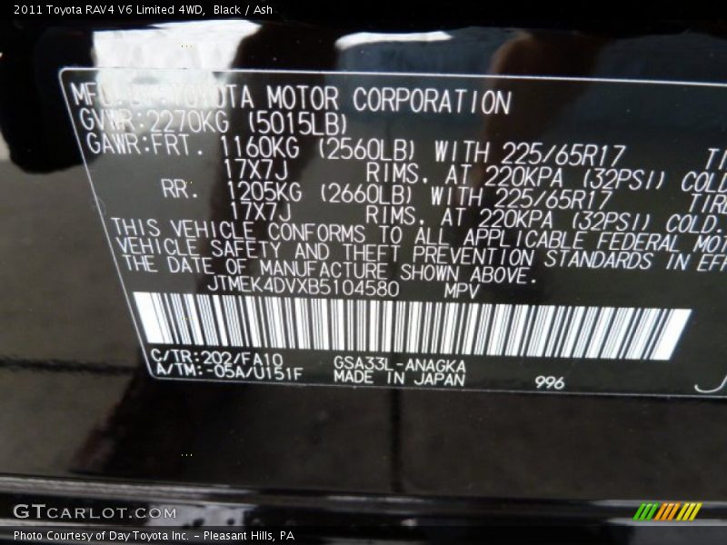 Black / Ash 2011 Toyota RAV4 V6 Limited 4WD