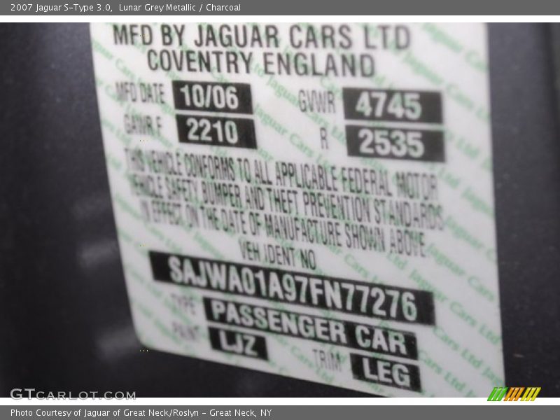 2007 S-Type 3.0 Lunar Grey Metallic Color Code LJZ