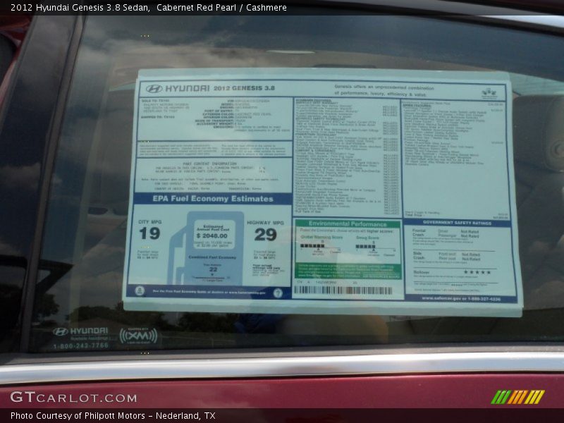  2012 Genesis 3.8 Sedan Window Sticker