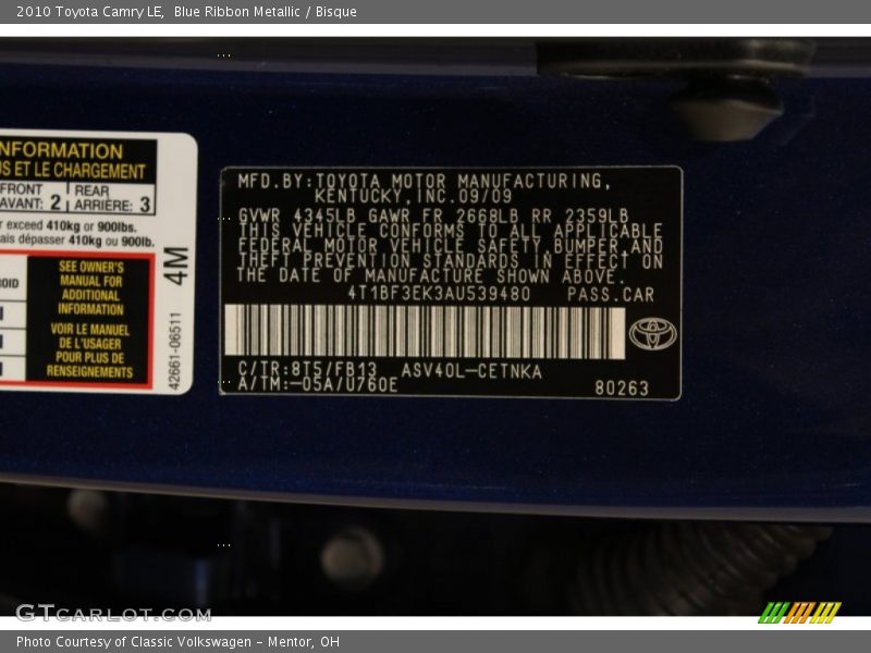 2010 Camry LE Blue Ribbon Metallic Color Code 8T5